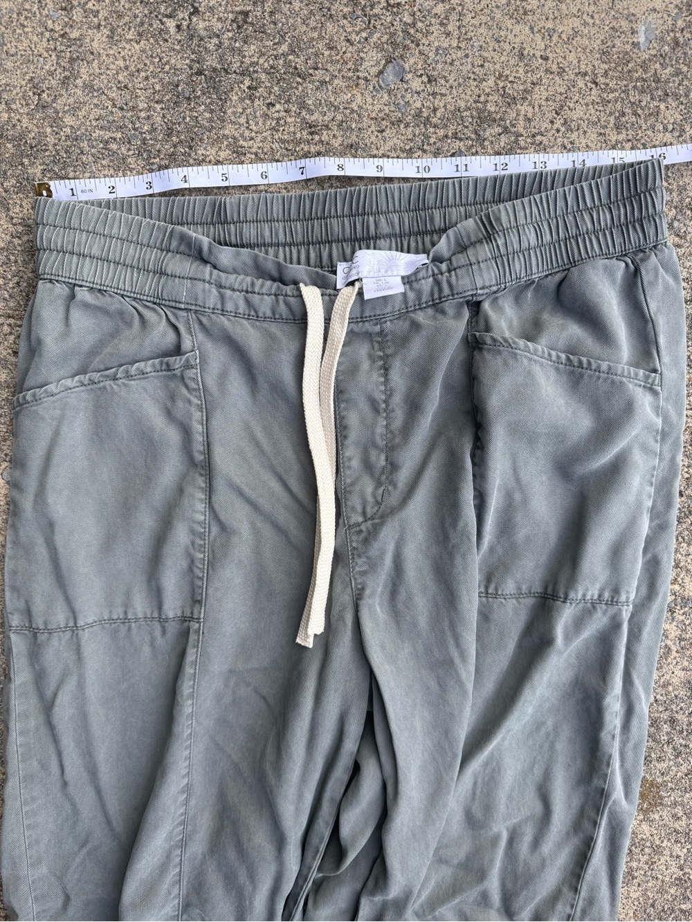 C&C California Olive Gray Drawstring Wide Leg Pants Large Boho Tencel Artsy - Picture 9 of 15